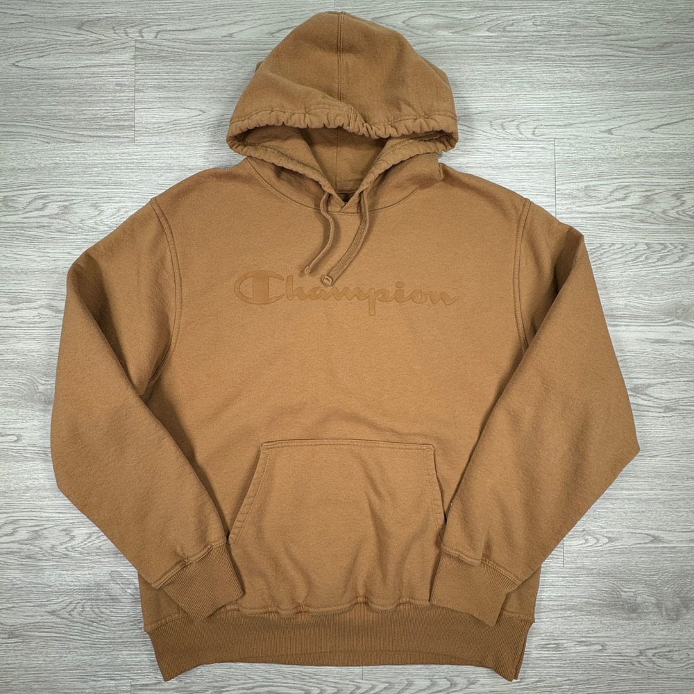 Champion Mens Hoodie Tonal Embossed Logo Brown Lg Pullover Sweatshirt Pocket